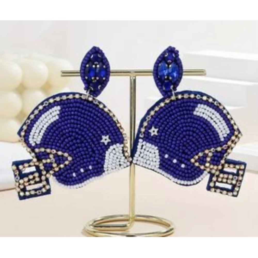 Football Helmet‎ Earrings Women Blue Game Day Beaded Rhinestone Tailgate Team